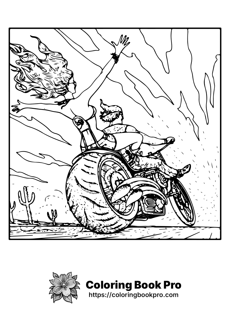 A black and white drawing of a man riding a motorcycle. icon