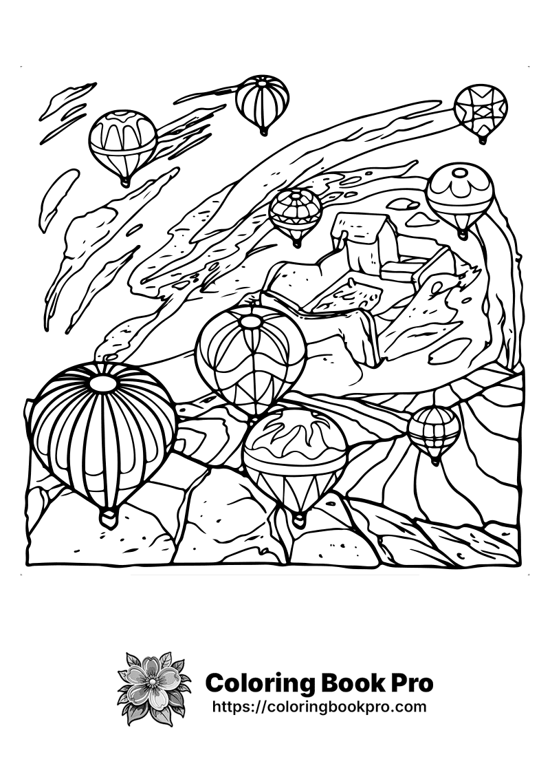 A black and white drawing of hot air balloons floating in the sky. icon