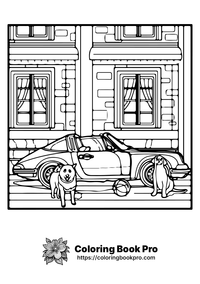 A black and white picture of a car and two dogs. icon