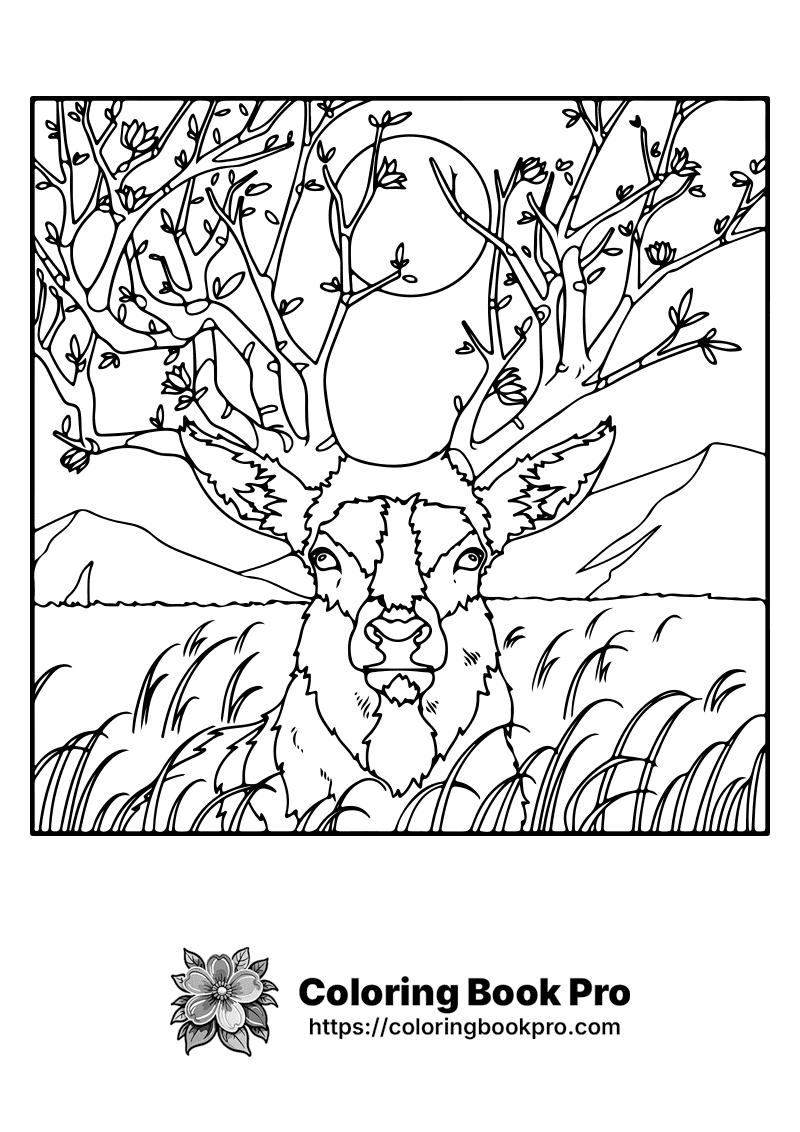 Majestic Deer in a Moonlit Forest Coloring Page - Free Printable ...