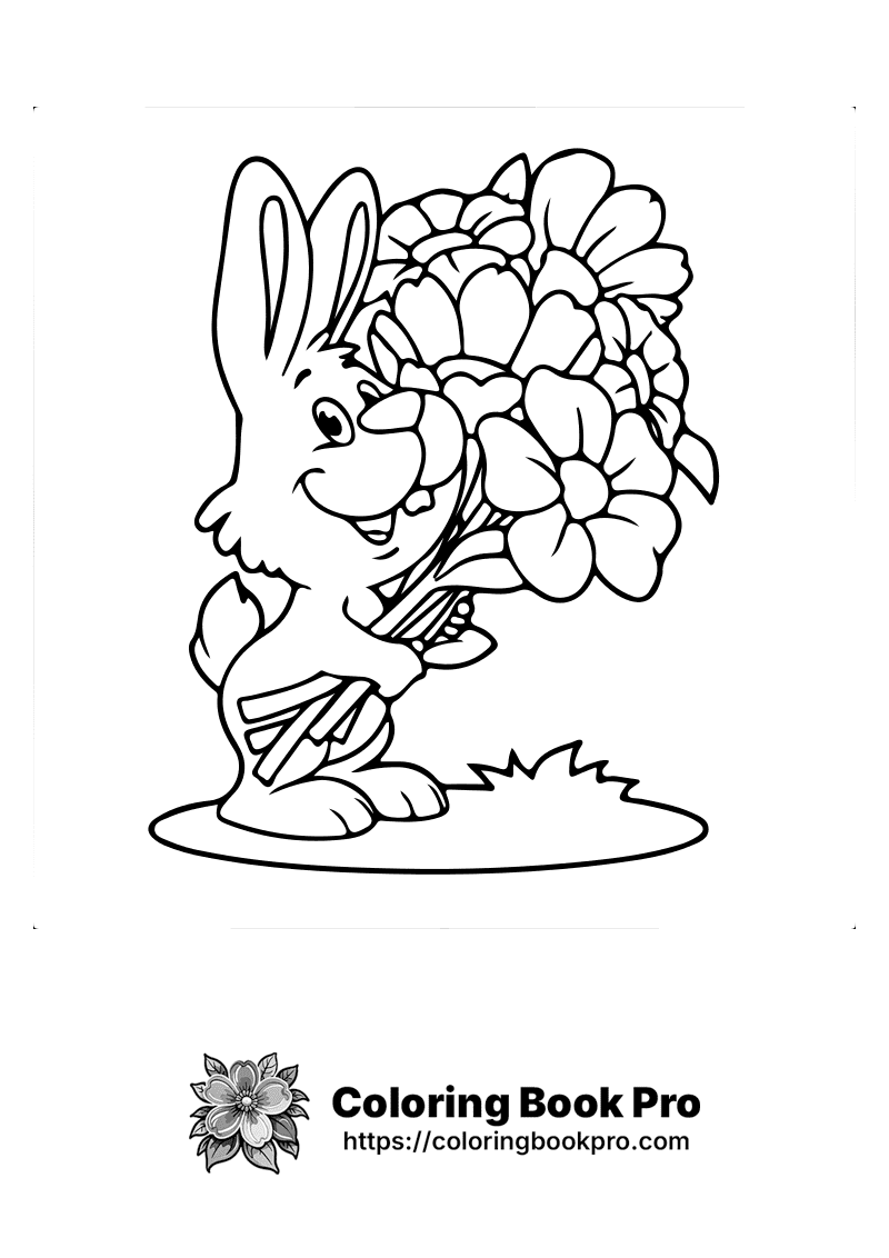 Happy Rabbit Holding a Bouquet of Flowers Coloring Page - Free ...