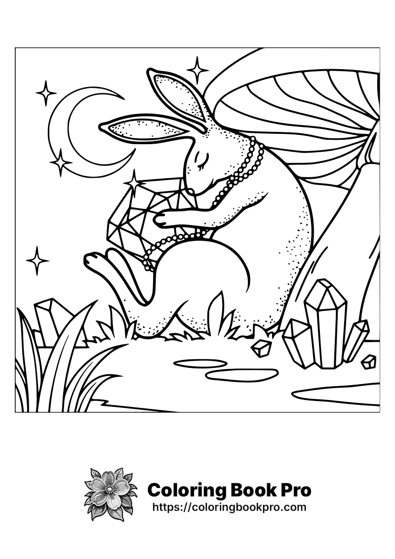 Moonlit Rabbit Holding a Crystal Gem Coloring Page - Free Printable ...