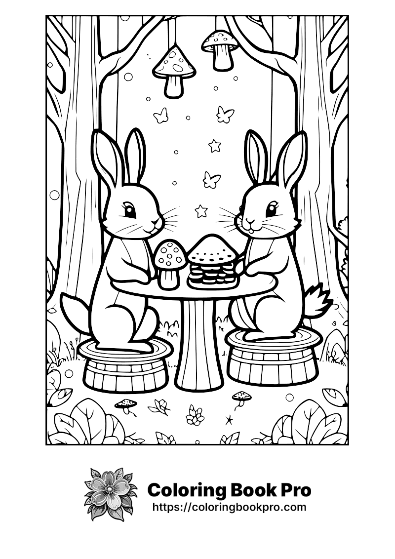 Two rabbits enjoying a picnic in the woods Coloring Page - Free ...