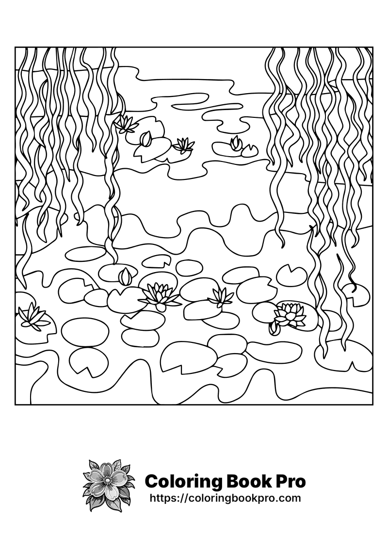 A coloring page of a pond with lily pads floating on water | art_048 ...