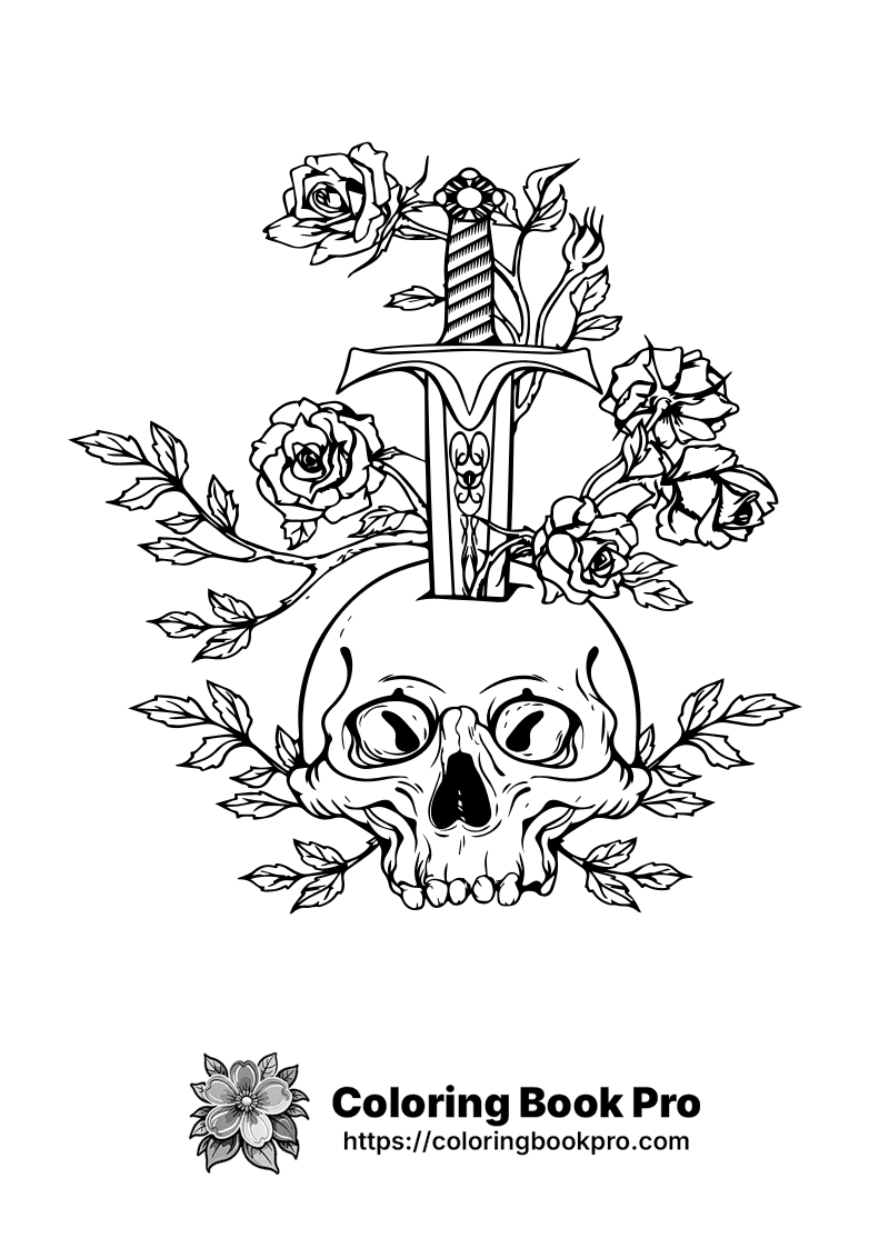 Sword With Roses Printable Skull with Sword and Roses Coloring Page - Free Printable - dark 004