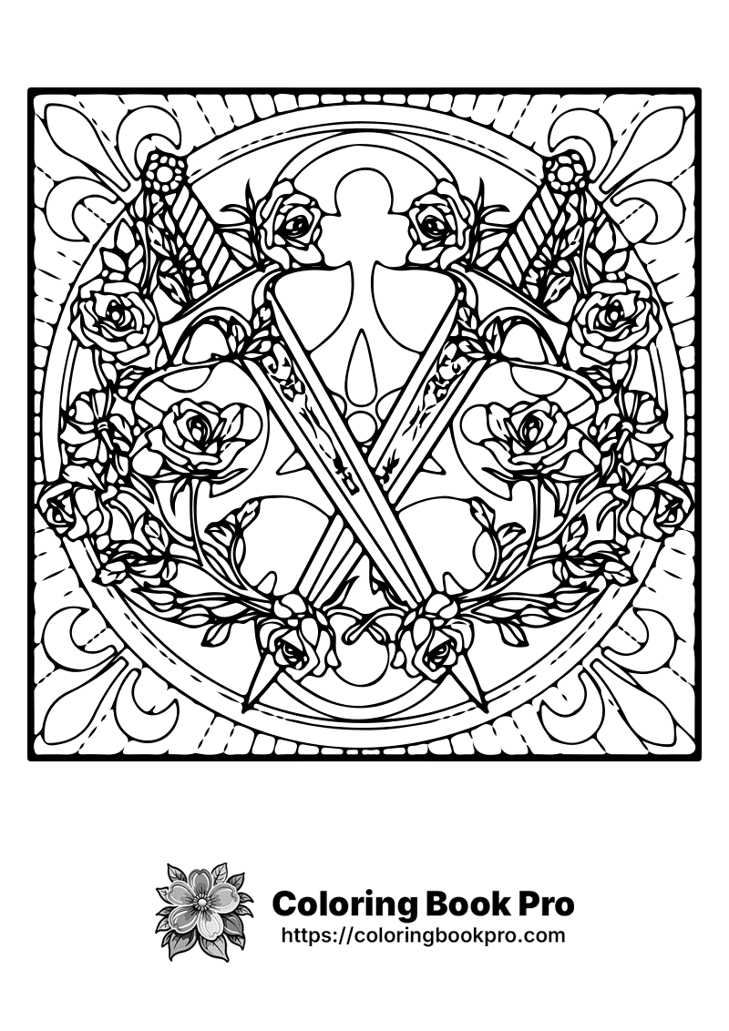 Sword With Roses Printable Crossed Swords and Roses in a Circular Frame Coloring Page - Free ...