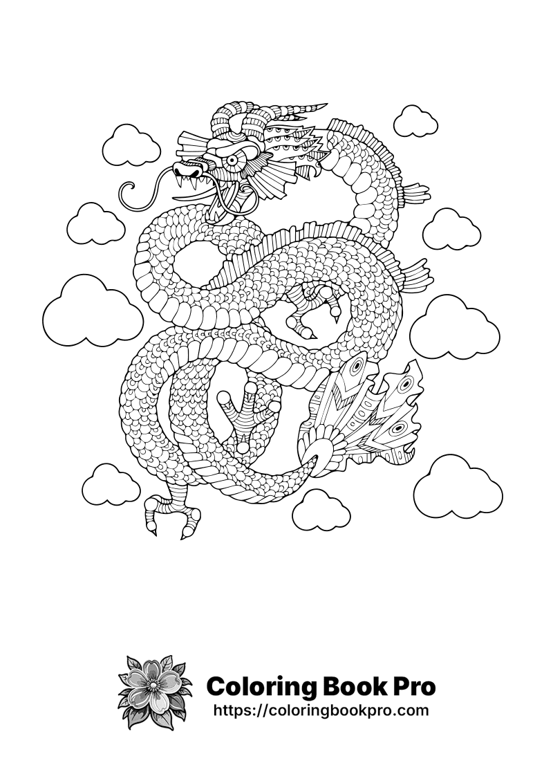 A black and white drawing of a dragon with clouds Coloring Page - Free ...
