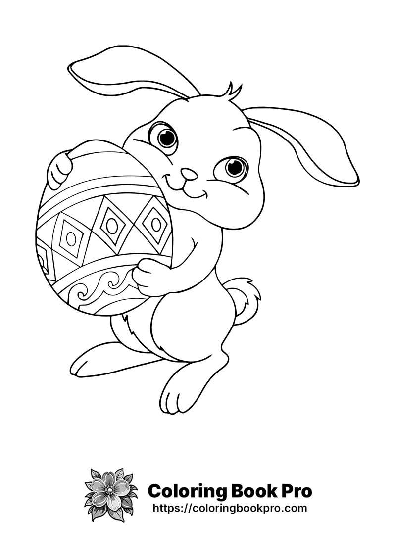 Happy Easter Bunny Holding a Decorated Egg Coloring Page - Free ...