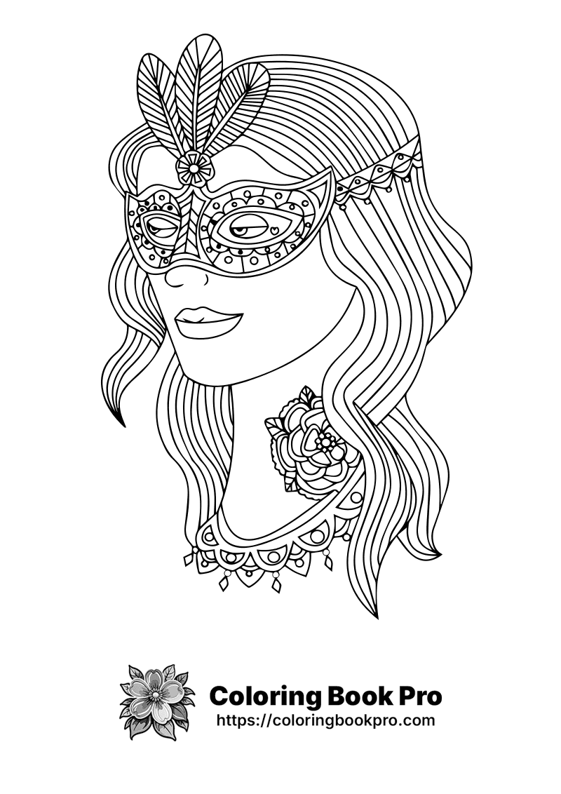 Woman in Ornate Mask Coloring Page - Free Printable - faces 103