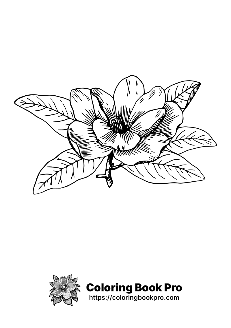 Magnolia Flower with Leaves Coloring Page - Free Printable - flowers 089