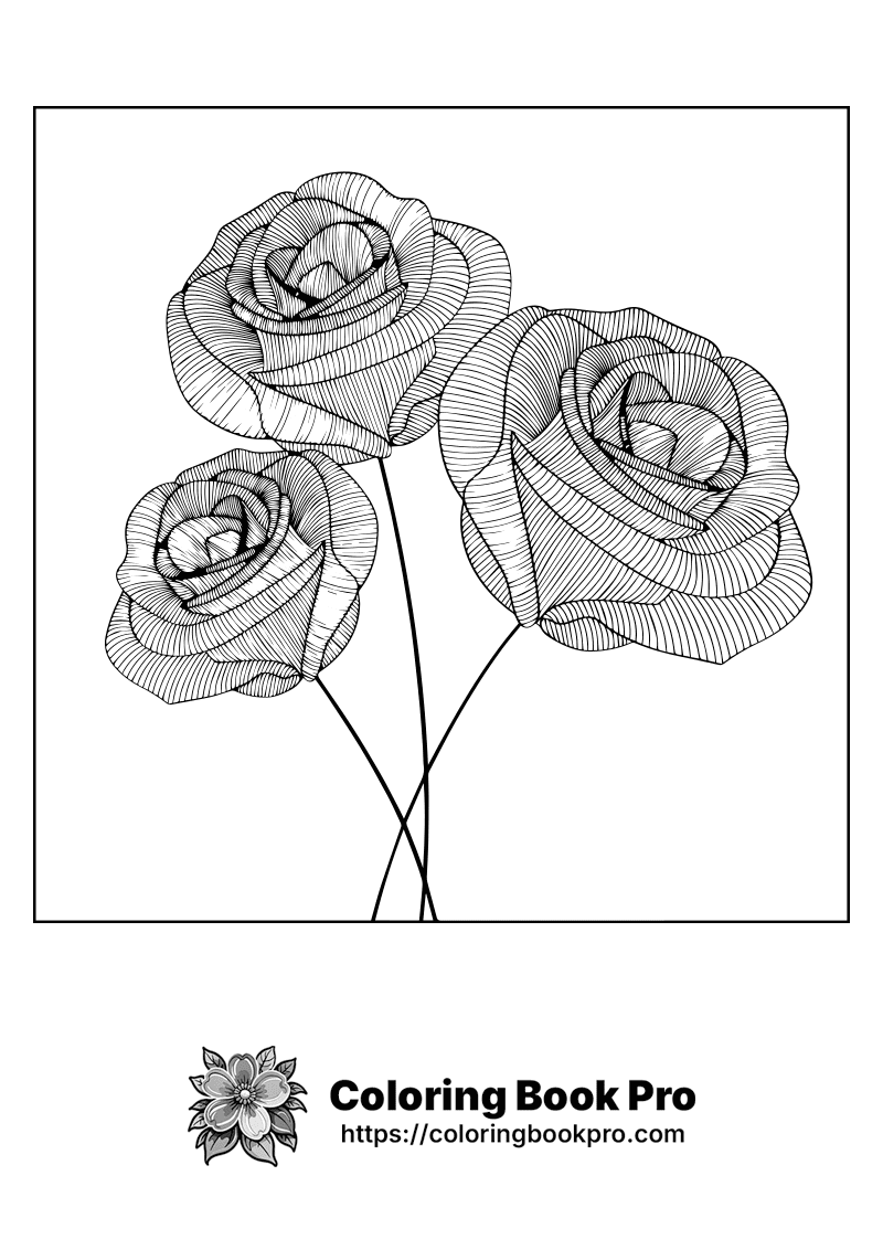 3 Roses Color Page Three detailed roses with intricate petal patterns Coloring Page - Free ...