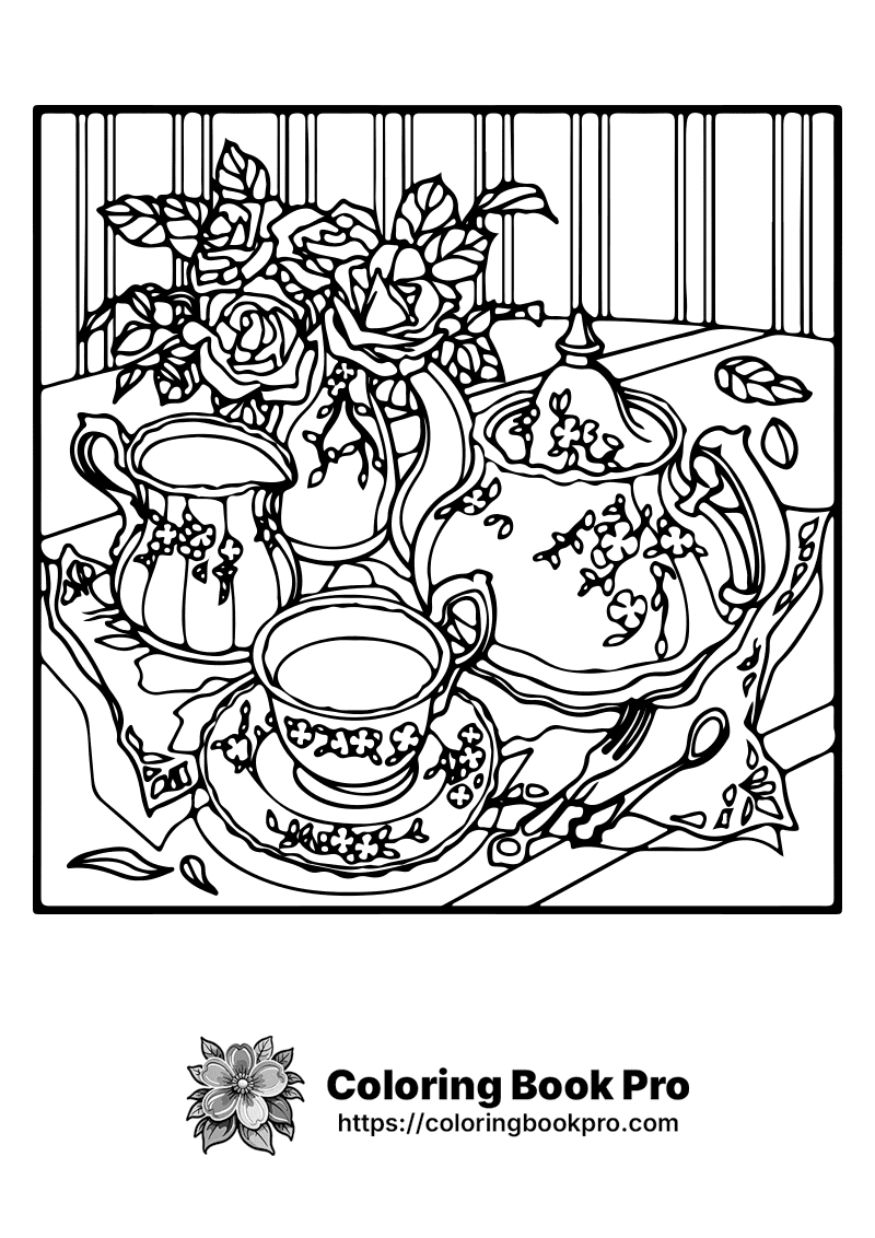 Tea Set with Roses Coloring Page - Free Printable - flowers 759
