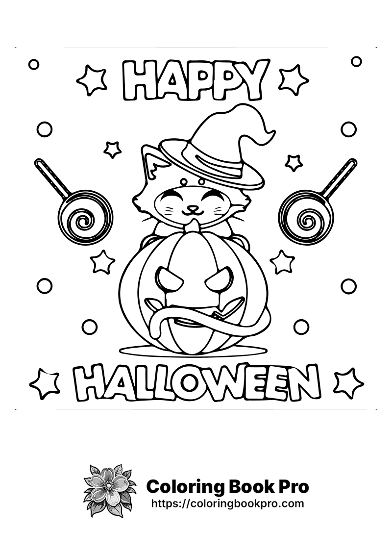 Happy Halloween Cat in Witch Hat Coloring Page - Free Printable ...