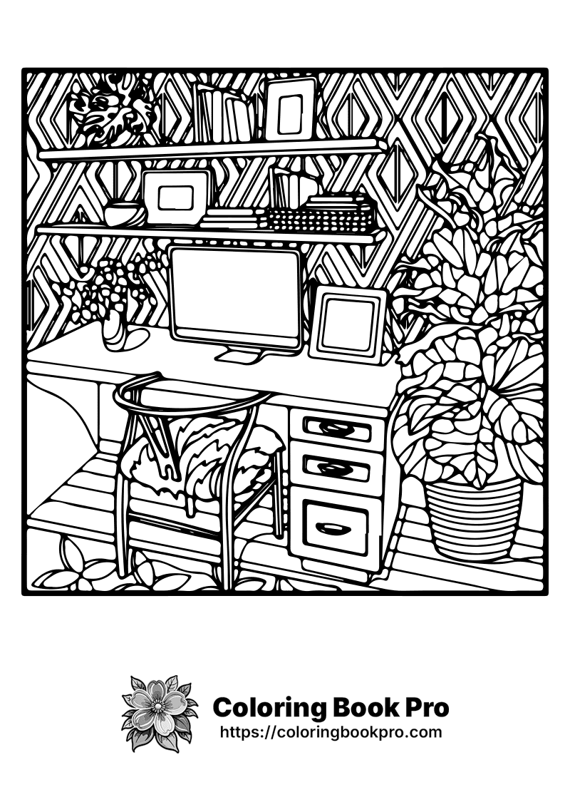 Cozy Home Office with Desk and Plants Coloring Page - Free Printable ...