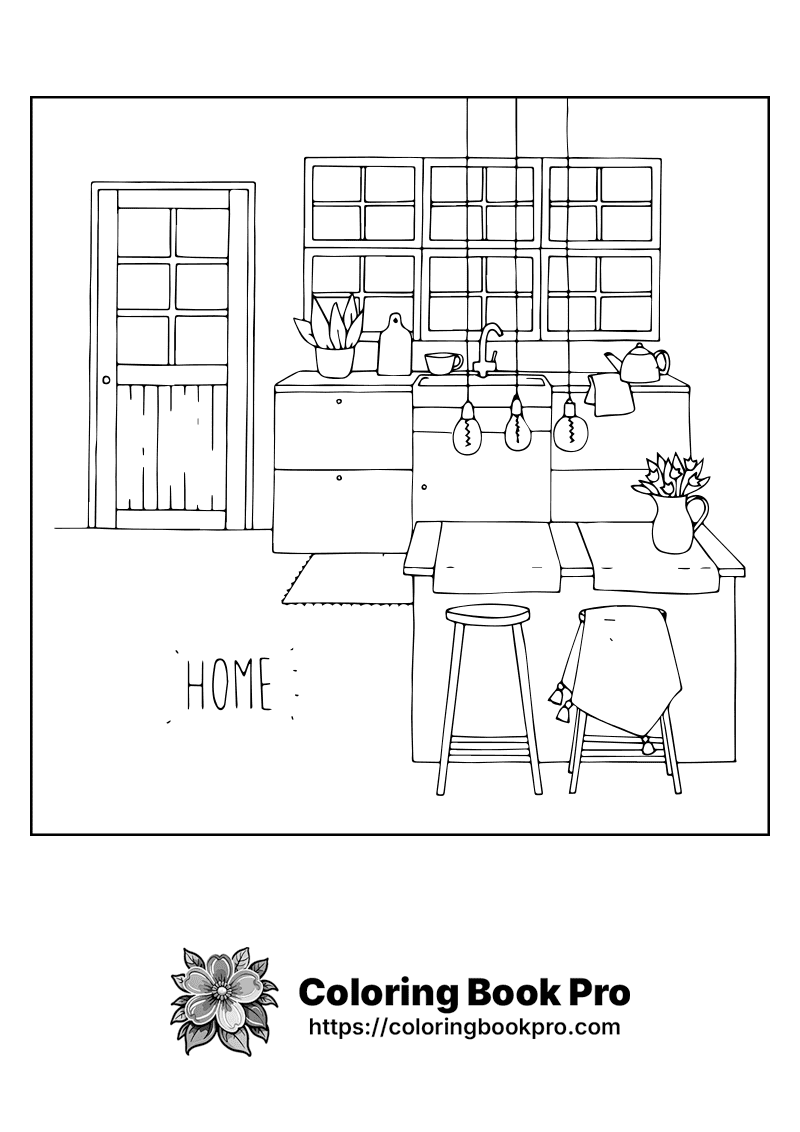 Cozy Kitchen with Island and Hanging Lights Coloring Page - Free ...