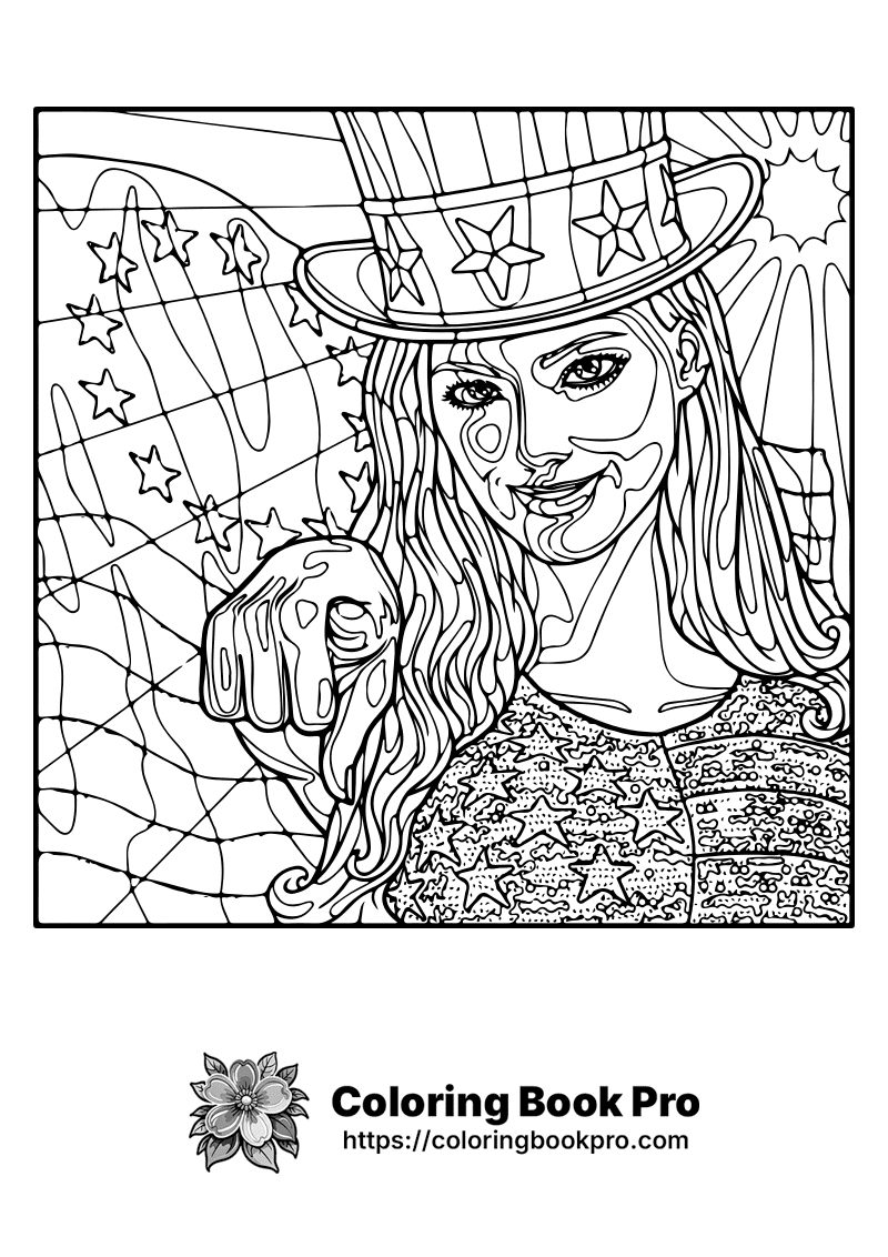 Uncle Sam pointing with a patriotic background Coloring Page - Free ...