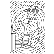 A stylized, geometrically patterned horse is depicted within an intricate design of concentric circles and lines on a black-and-white coloring page. icon