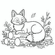 A cute, sleeping fox rests on a log surrounded by berries and leaves in a peaceful autumn scene. icon