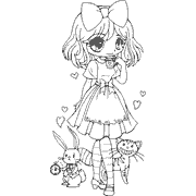 A drawing of a girl in a dress with a cat and rabbit. Coloring Page icon anime_031