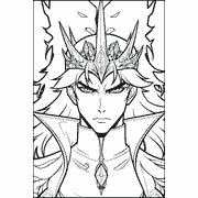 A black and white line drawing of a determined, armored warrior with spiky hair and an ornate crown, set against jagged background elements. Coloring Pages icon anime_262