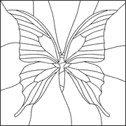 A black and white line drawing of a butterfly with intricate wing patterns, resembling stained glass art. icon
