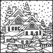 A black and white picture of a house in the snow. Coloring Pages icon christmas_629