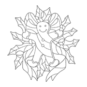 A cheerful gingerbread man with a smile is surrounded by holly leaves and berries, creating a festive holiday scene. icon