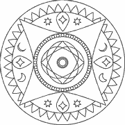 Geometric mandala with celestial motifs coloring page