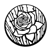 A black and white circular design featuring an intricately detailed rose with stylized, geometric patterns around its petals. icon
