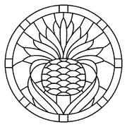 A black and white line drawing of a circular, stained glass-style emblem featuring a pineapple with radiating leaves at the top and scalloped patterns inside. icon