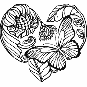 A butterfly and flowers in the shape of a heart. Coloring Page icon love_hearts_269