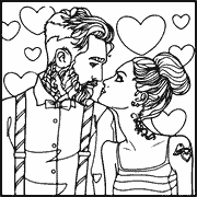 A black and white drawing of a man and woman kissing. Coloring Page icon love_hearts_368