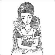 A woman with flowers and leaves adorning her hair, holding two birds close to her chest. icon