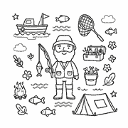 A cartoon fisherman stands with his fishing rod, surrounded by icons of camping gear and outdoor activities like boats, tents, fireplaces, nets, and flowers. icon