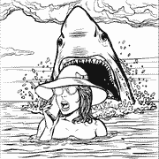 A drawing of a woman in the water with a shark behind her. Coloring Page icon pop_art_024