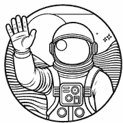 An astronaut waves from inside the circular frame of an orbiting spacecraft, with stars and planetary rings visible in the background. icon
