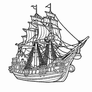 A detailed black and white line drawing of a three-masted sailing ship with sails unfurled, showing intricate rigging and deck details. icon