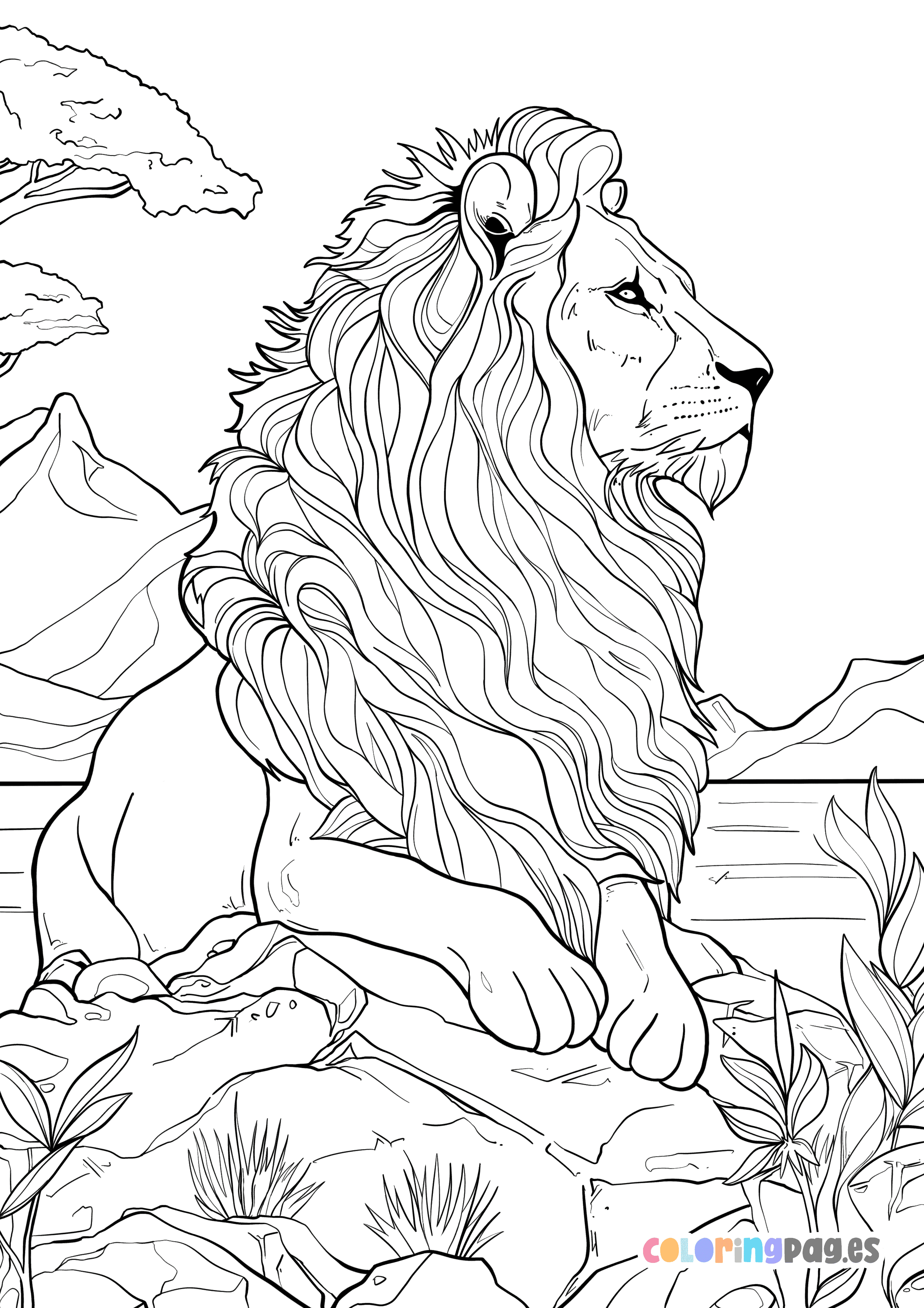 A proud lion sitting on a rock coloring page