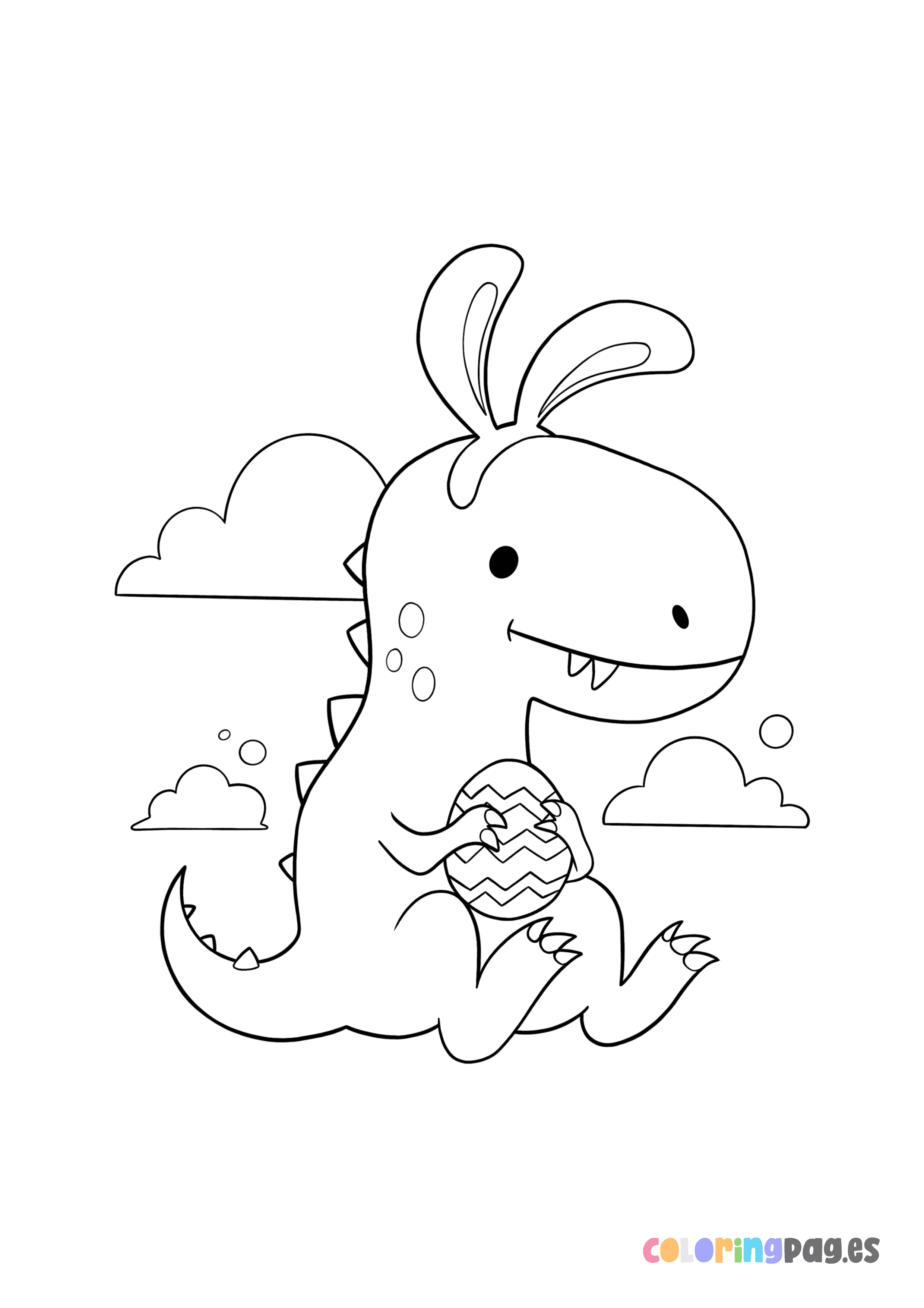 Dinosaur holding an Easter egg with bunny ears coloring page