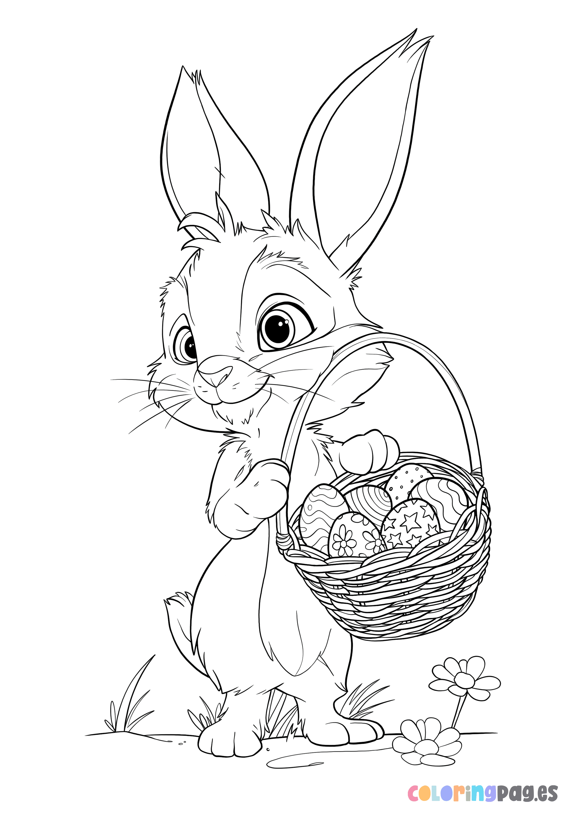 Easter Bunny with a basket full of Easter eggs coloring page