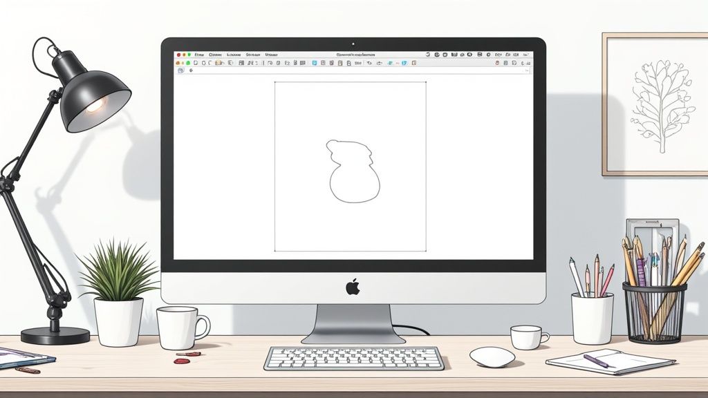 A black and white line art drawing of a forest with a river flowing through it.