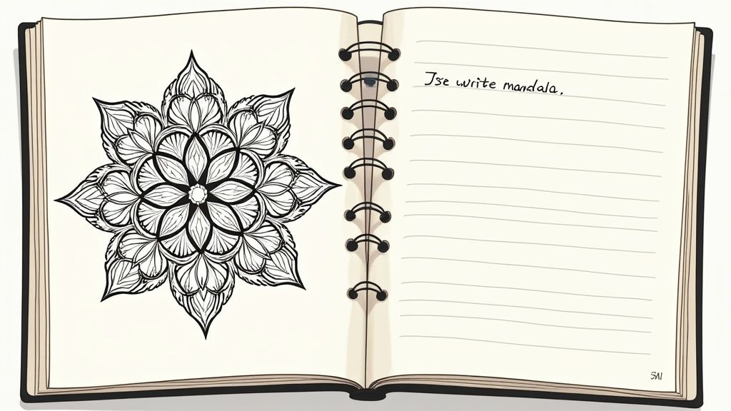 A detailed coloring page of a fantastical library, showing intricate line work