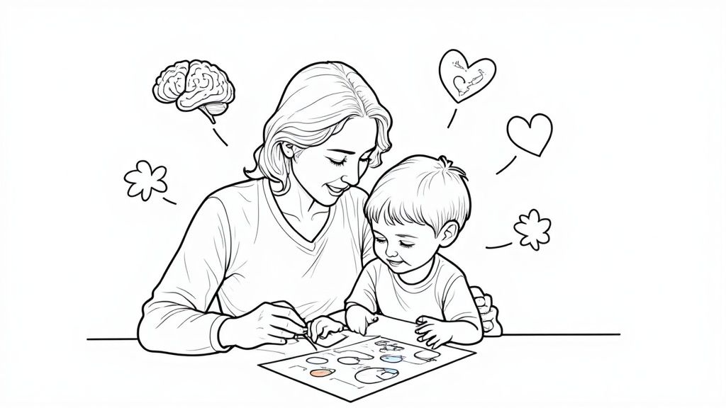 A child happily coloring a personalized sheet featuring their name and favorite animal