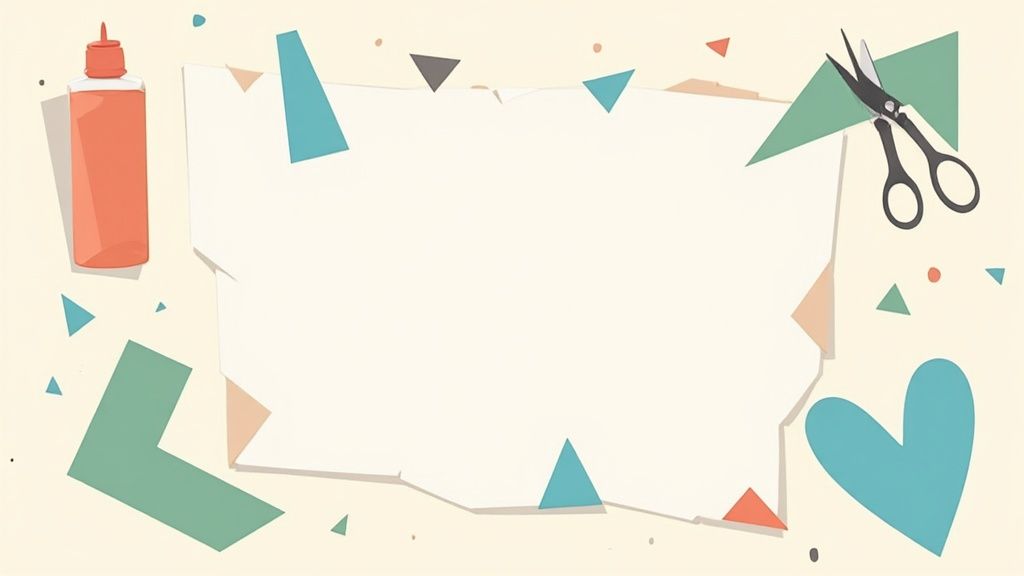 A vibrant and textured collage art piece showcasing a mix of paper, images, and text to form an abstract composition.