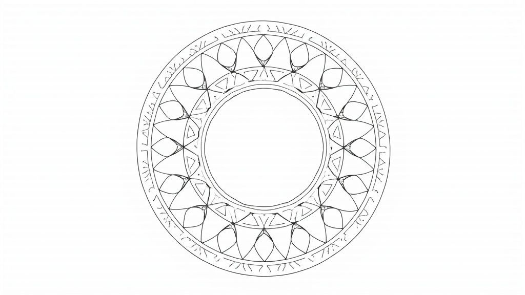 A detailed black and white mandala drawing being created with a fine-tip pen, showing intricate patterns radiating from the center.