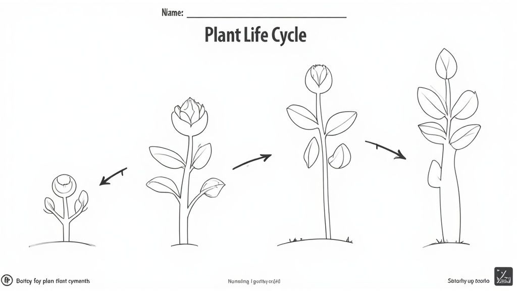 A collage of science-themed coloring worksheets from Education.com, showing diagrams of plant cells, the water cycle, and human anatomy.