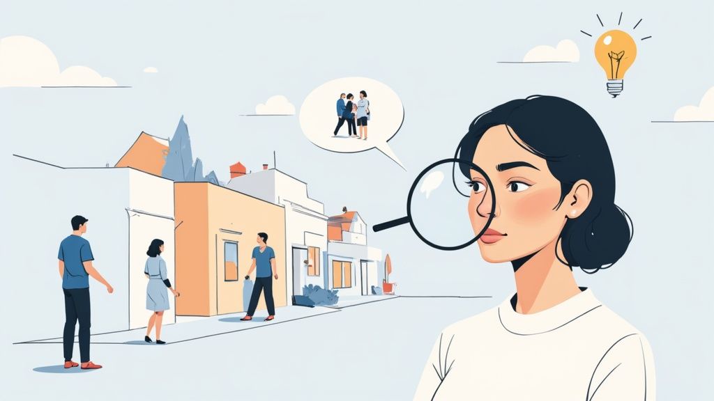 A person looking closely at a detailed city map, symbolizing observation and attention to detail.