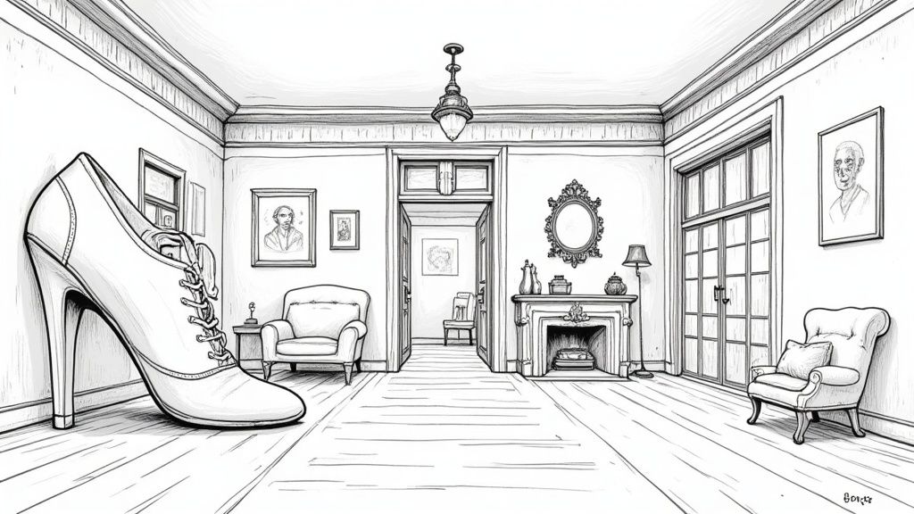 A surreal illustration of a person walking through a vast library of memories, symbolizing a memory palace.