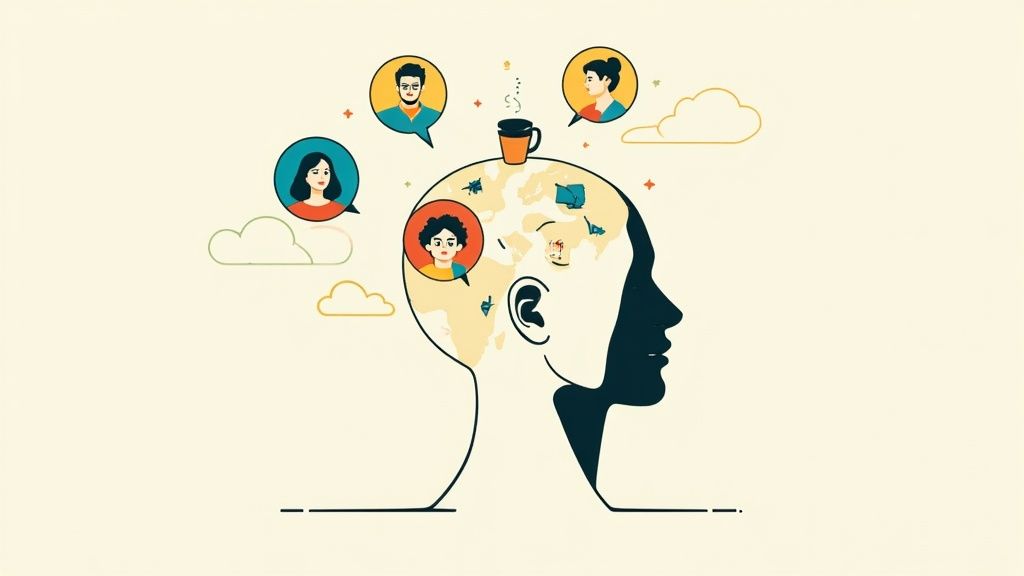 A person looking at complex brain illustrations, symbolizing thought and memory processes.