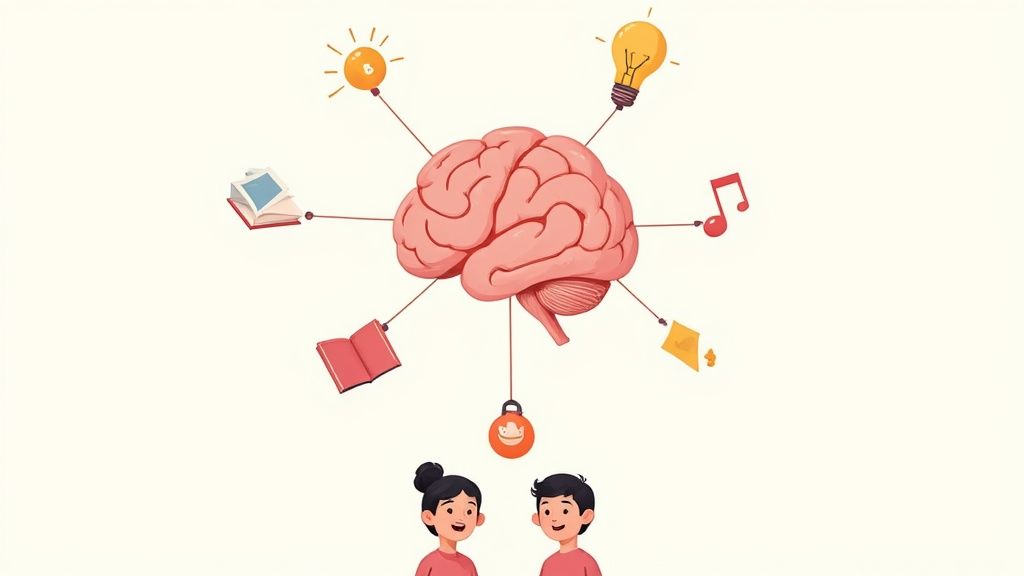 A child smiling while engaging in a colorful, fun learning activity at a desk